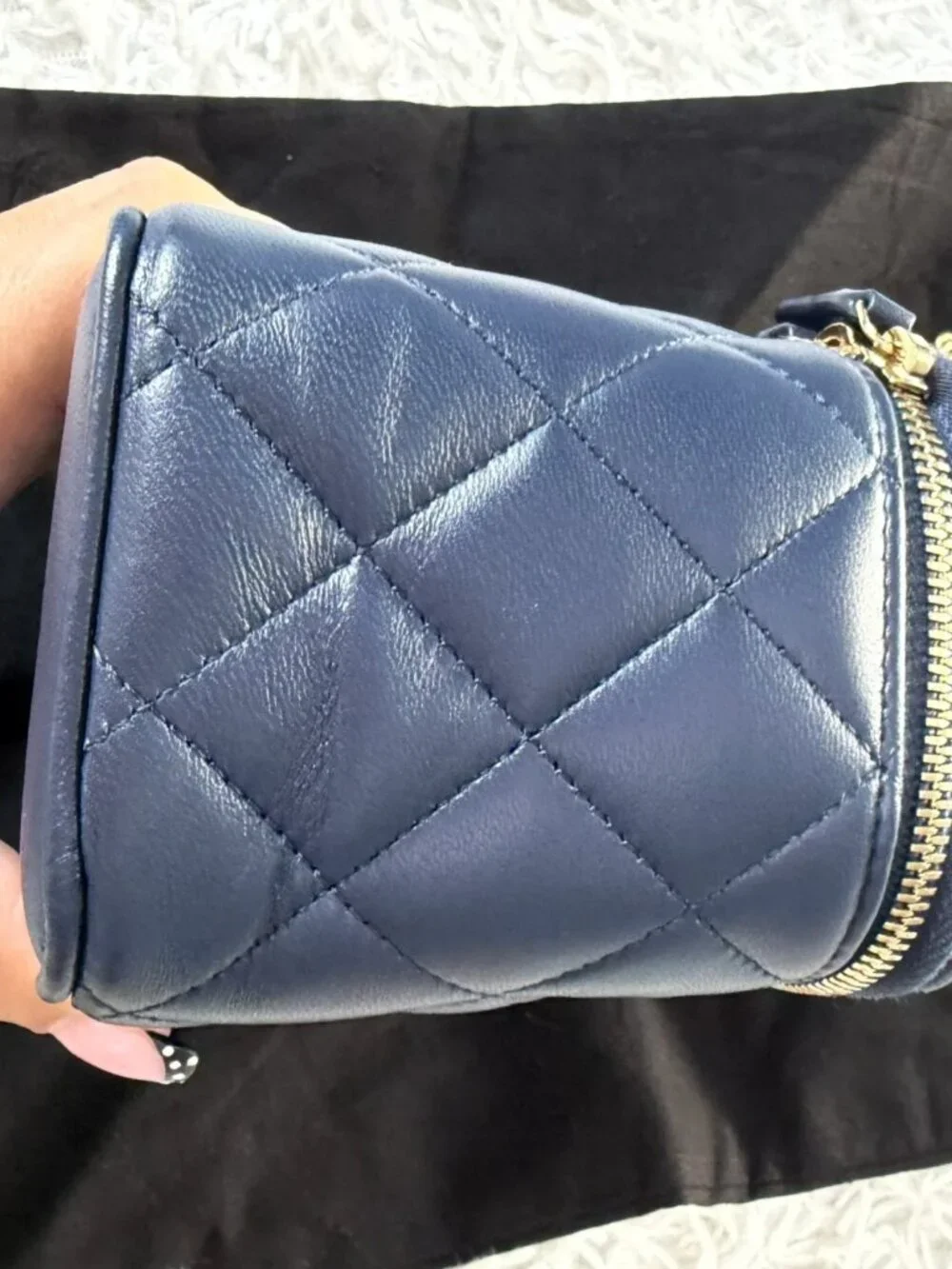 CHANEL Lambskin Quilted Metal Small Top Handle Vanity Case With Chain in Navy Bl